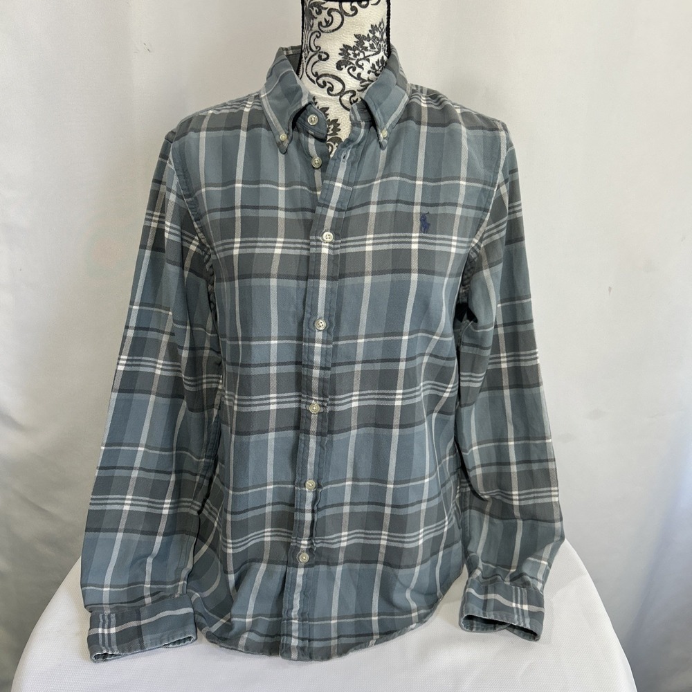 Polo Ralph Lauren Shirt Women's Sz L  Flannel Gray Blue  Plaid Check Button Down